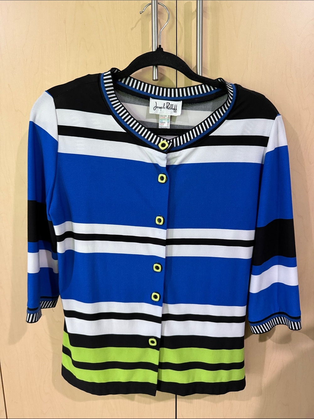 Classic two piece Joseph Ribkoff Blue, Black & Lime Button-Down Top & shell.